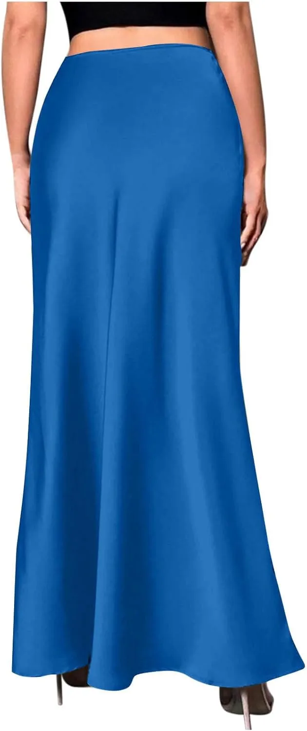 Womens High Waisted Satin Skirts Silk Elegant Long Maxi Skirts Casual A Line Cocktail Party Weekend Midi Skirt