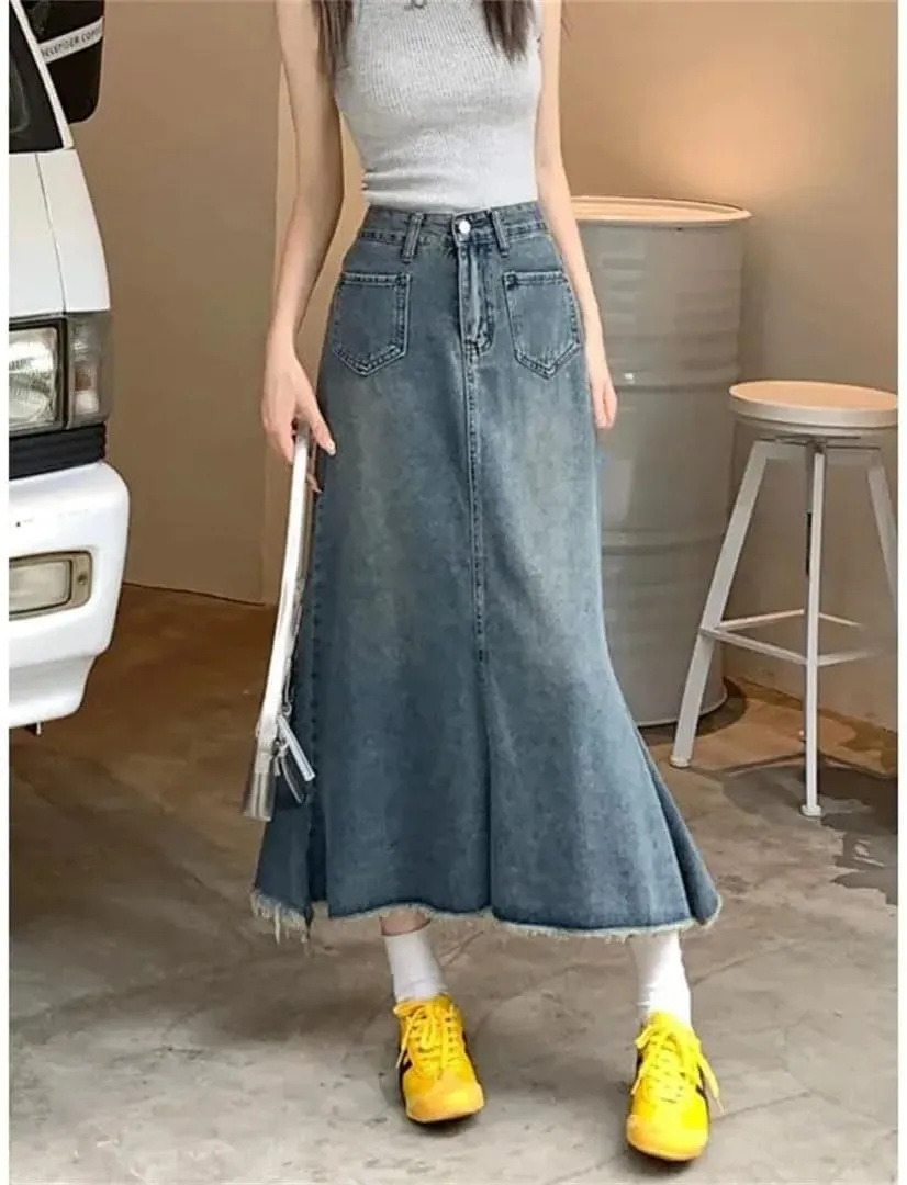 Women's High Waisted Slimming Denim Skirt Medium Length Vintage Fringe A Line Skirt