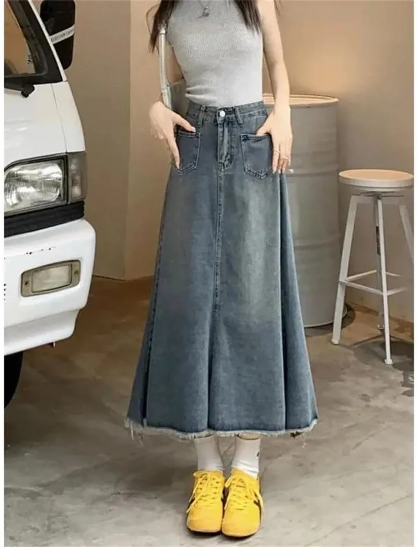 Women's High Waisted Slimming Denim Skirt Medium Length Vintage Fringe A Line Skirt