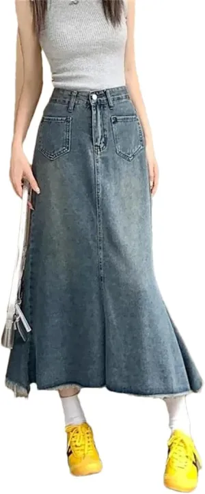 Women's High Waisted Slimming Denim Skirt Medium Length Vintage Fringe A Line Skirt