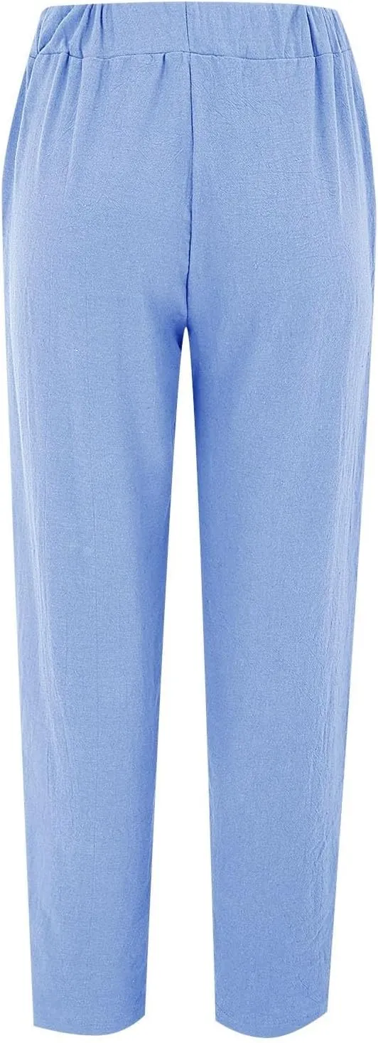 Women's Linen Pants with Pockets Quick Dry Side Hollow Out Cropped Pants Summer Beach Lightweight Elastic Waist Pants