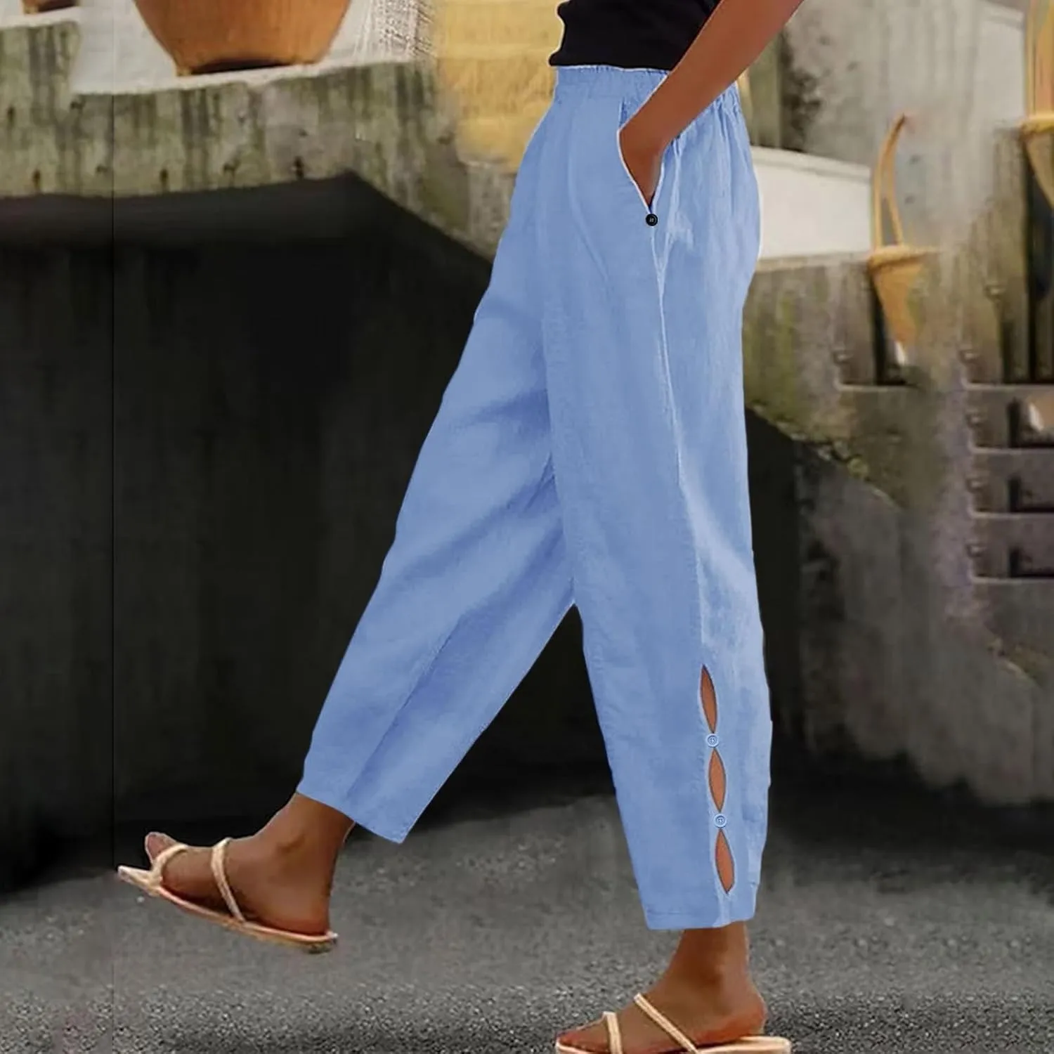 Women's Linen Pants with Pockets Quick Dry Side Hollow Out Cropped Pants Summer Beach Lightweight Elastic Waist Pants