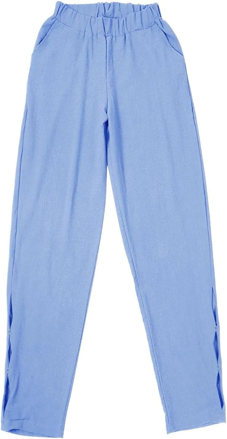 Women's Linen Pants with Pockets Quick Dry Side Hollow Out Cropped Pants Summer Beach Lightweight Elastic Waist Pants