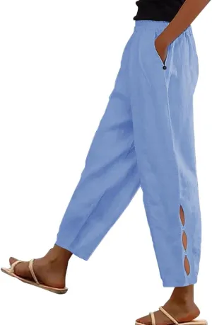 Women's Linen Pants with Pockets Quick Dry Side Hollow Out Cropped Pants Summer Beach Lightweight Elastic Waist Pants