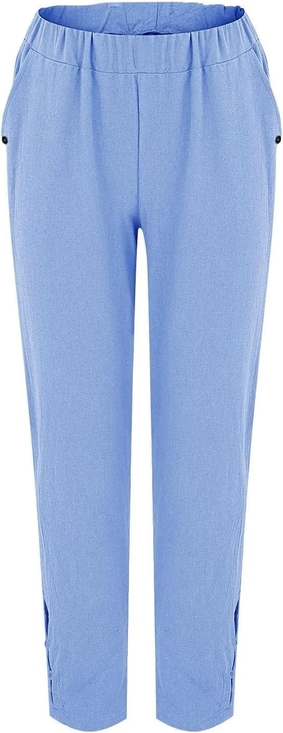 Women's Linen Pants with Pockets Quick Dry Side Hollow Out Cropped Pants Summer Beach Lightweight Elastic Waist Pants