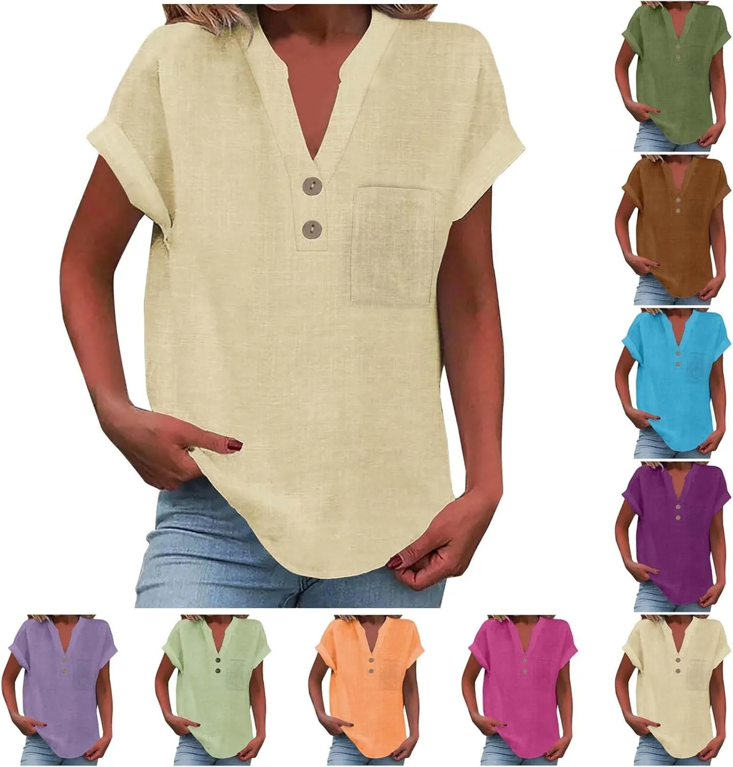 Womens Linen Shirt Cotton Gauze Tops Short Sleeve V Neck Button Henley Shirts Causal Summer Blouses Linen Clothing