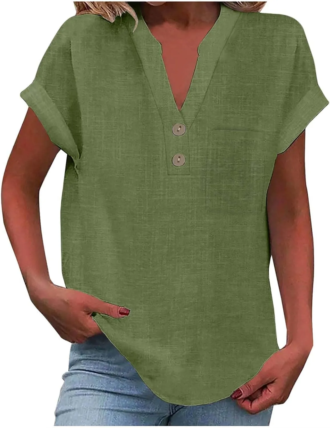 Womens Linen Shirt Cotton Gauze Tops Short Sleeve V Neck Button Henley Shirts Causal Summer Blouses Linen Clothing