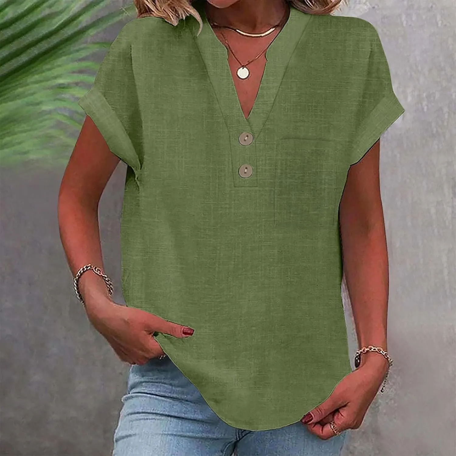 Womens Linen Shirt Cotton Gauze Tops Short Sleeve V Neck Button Henley Shirts Causal Summer Blouses Linen Clothing