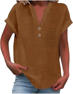 Womens Linen Shirt Cotton Gauze Tops Short Sleeve V Neck Button Henley Shirts Causal Summer Blouses Linen Clothing