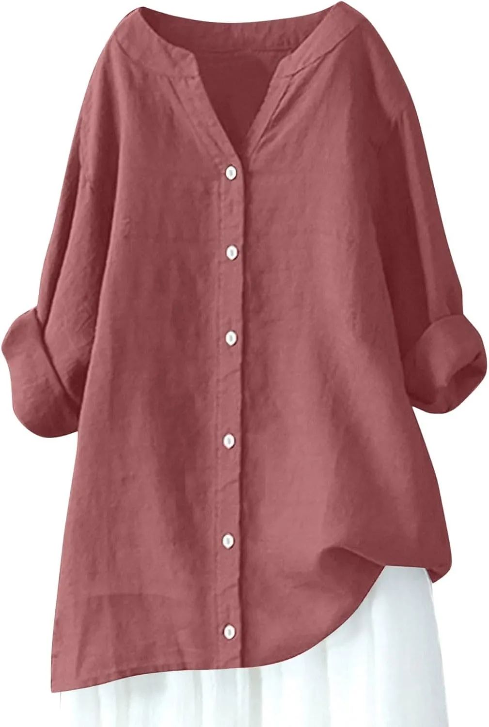 Womens Linen Shirts V-Neck Buttons Blouse Bohemian Boho Lightweight Tee Tops Short Sleeve Loose Fit T-Shirt