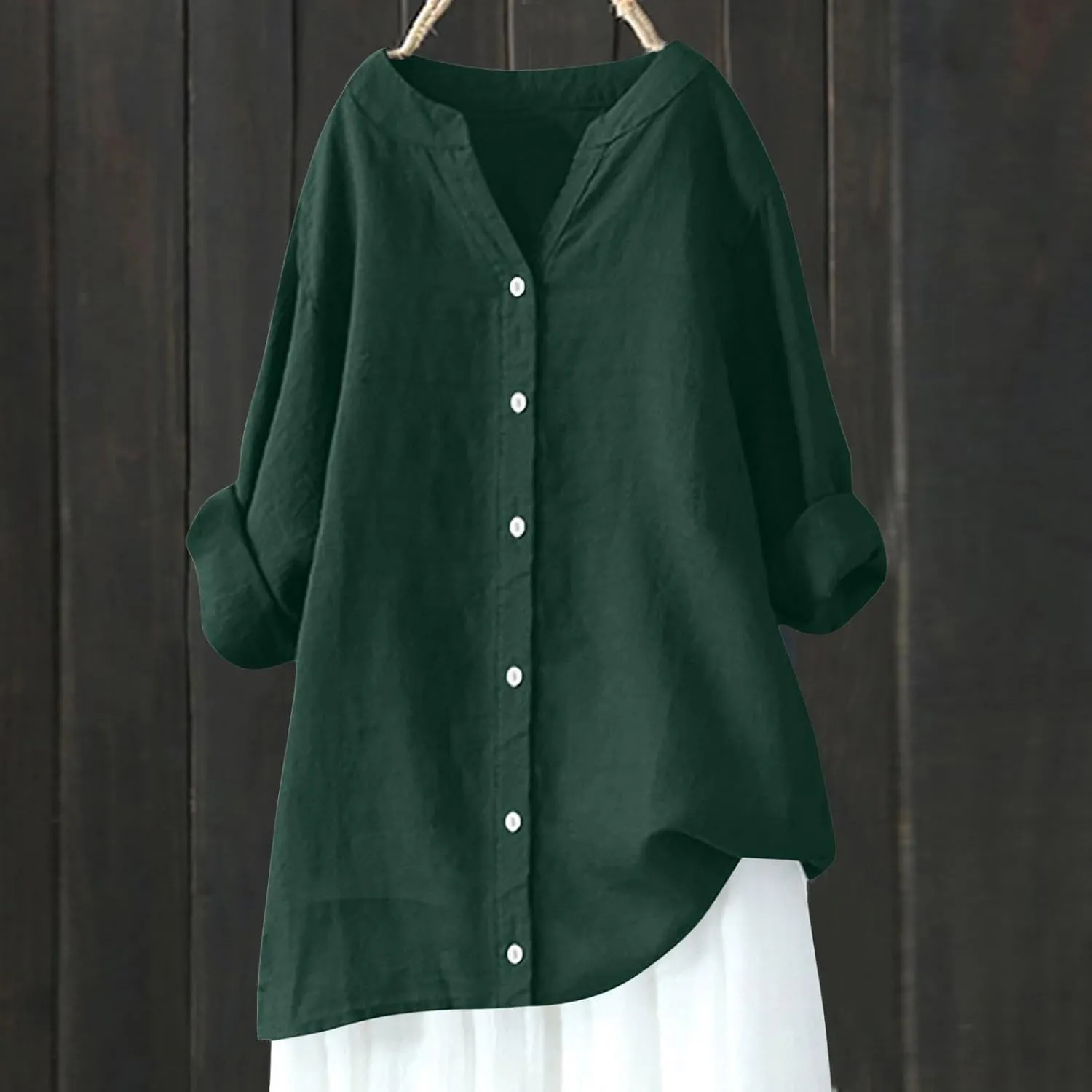 Womens Linen Shirts V-Neck Buttons Blouse Bohemian Boho Lightweight Tee Tops Short Sleeve Loose Fit T-Shirt