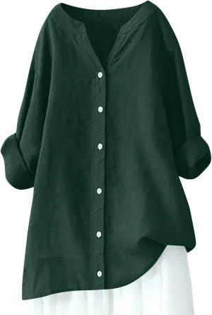 Womens Linen Shirts V-Neck Buttons Blouse Bohemian Boho Lightweight Tee Tops Short Sleeve Loose Fit T-Shirt
