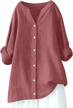 Womens Linen Shirts V-Neck Buttons Blouse Bohemian Boho Lightweight Tee Tops Short Sleeve Loose Fit T-Shirt