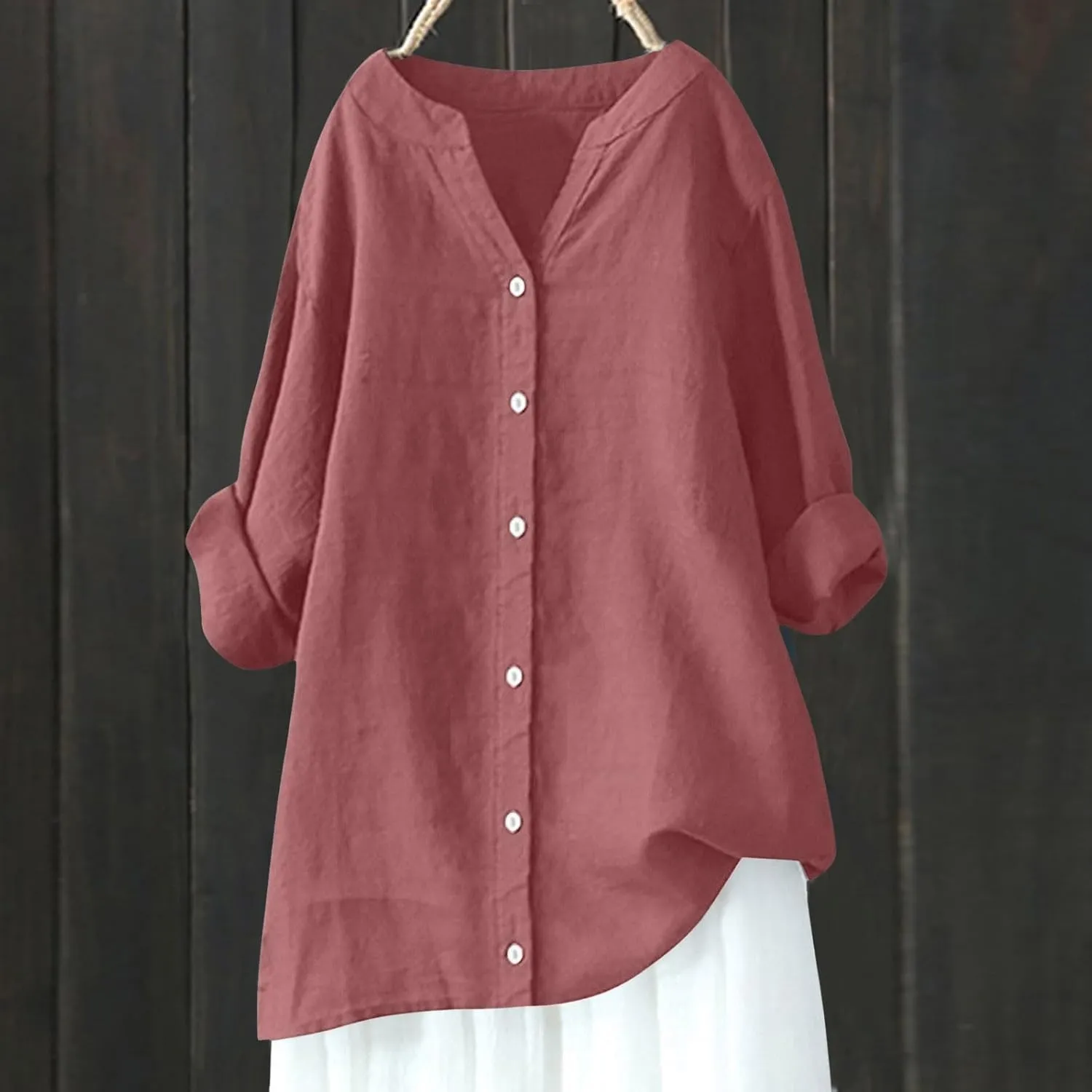 Womens Linen Shirts V-Neck Buttons Blouse Bohemian Boho Lightweight Tee Tops Short Sleeve Loose Fit T-Shirt