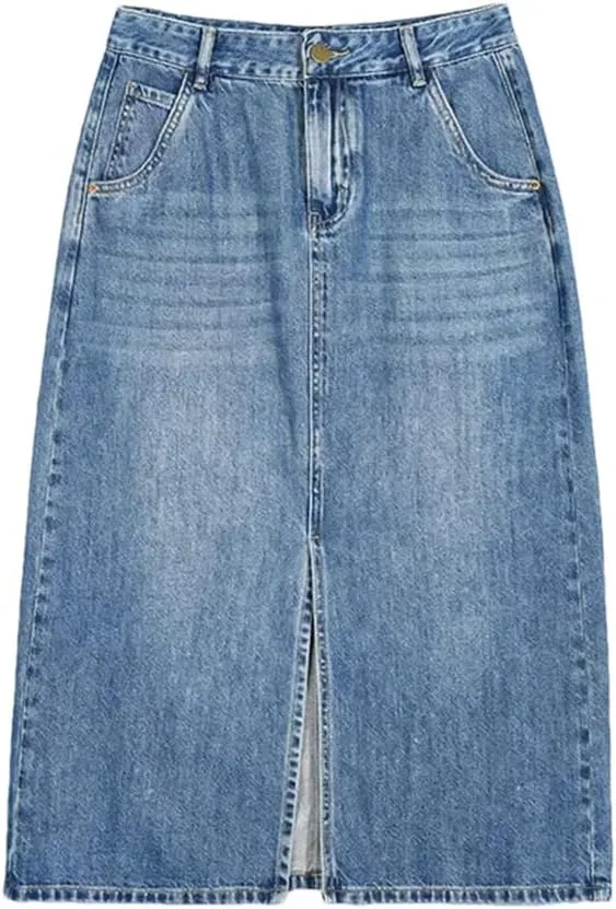 Women's Long Breathable Mid-Waist A- Line Skirt Loose-Fit Side Slit Denim Skirt