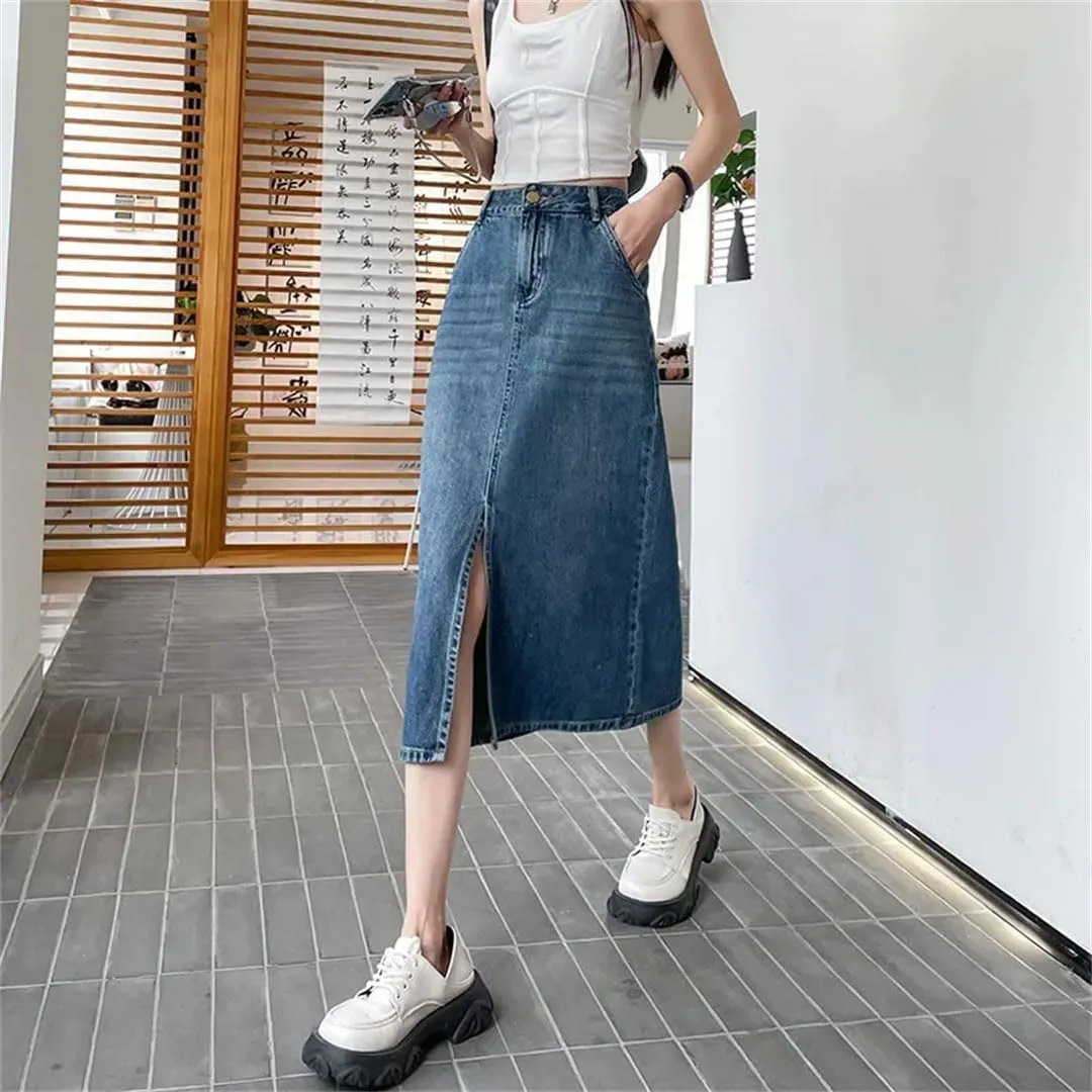 Women's Long Breathable Mid-Waist A- Line Skirt Loose-Fit Side Slit Denim Skirt