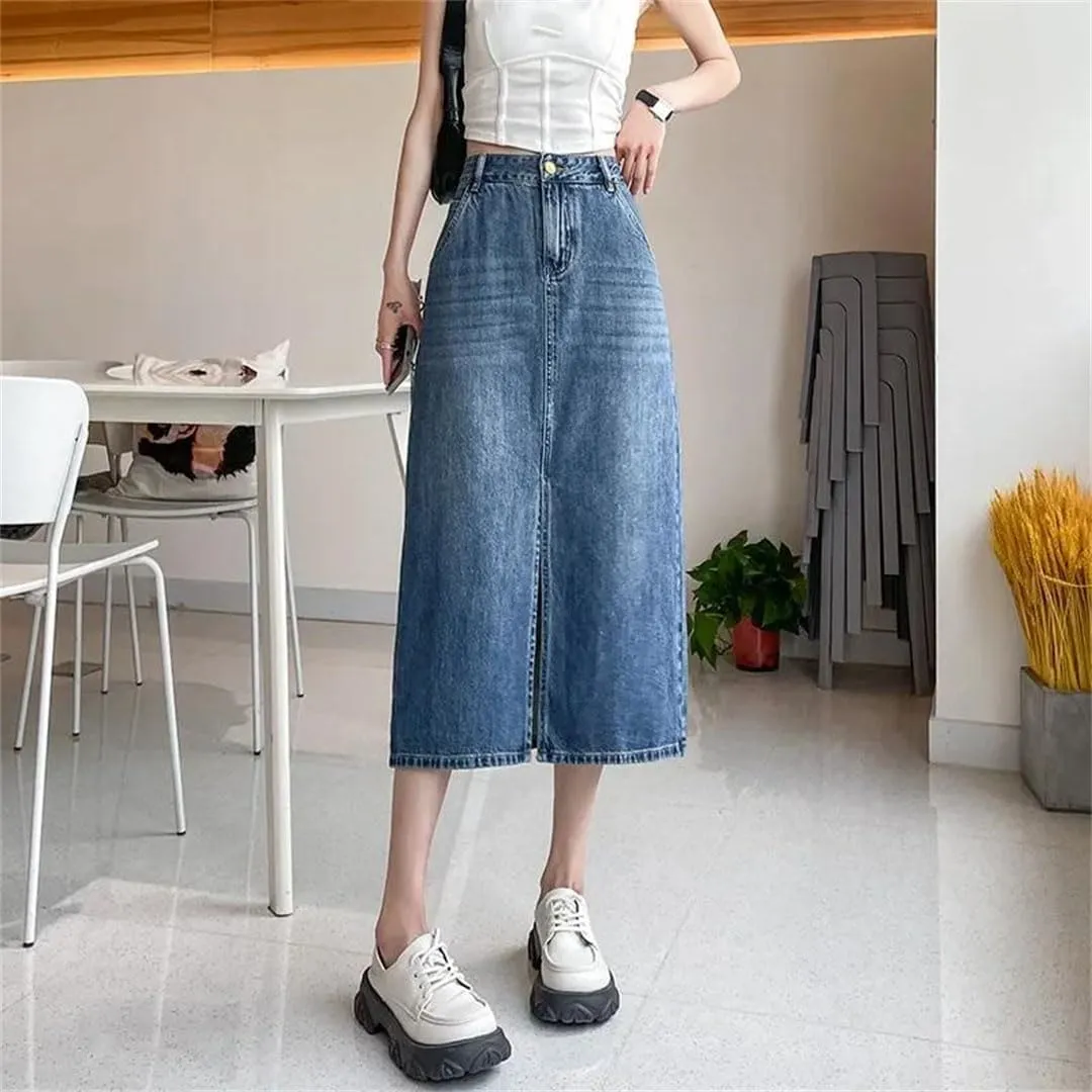 Women's Long Breathable Mid-Waist A- Line Skirt Loose-Fit Side Slit Denim Skirt