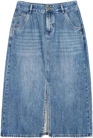 Women's Long Breathable Mid-Waist A- Line Skirt Loose-Fit Side Slit Denim Skirt