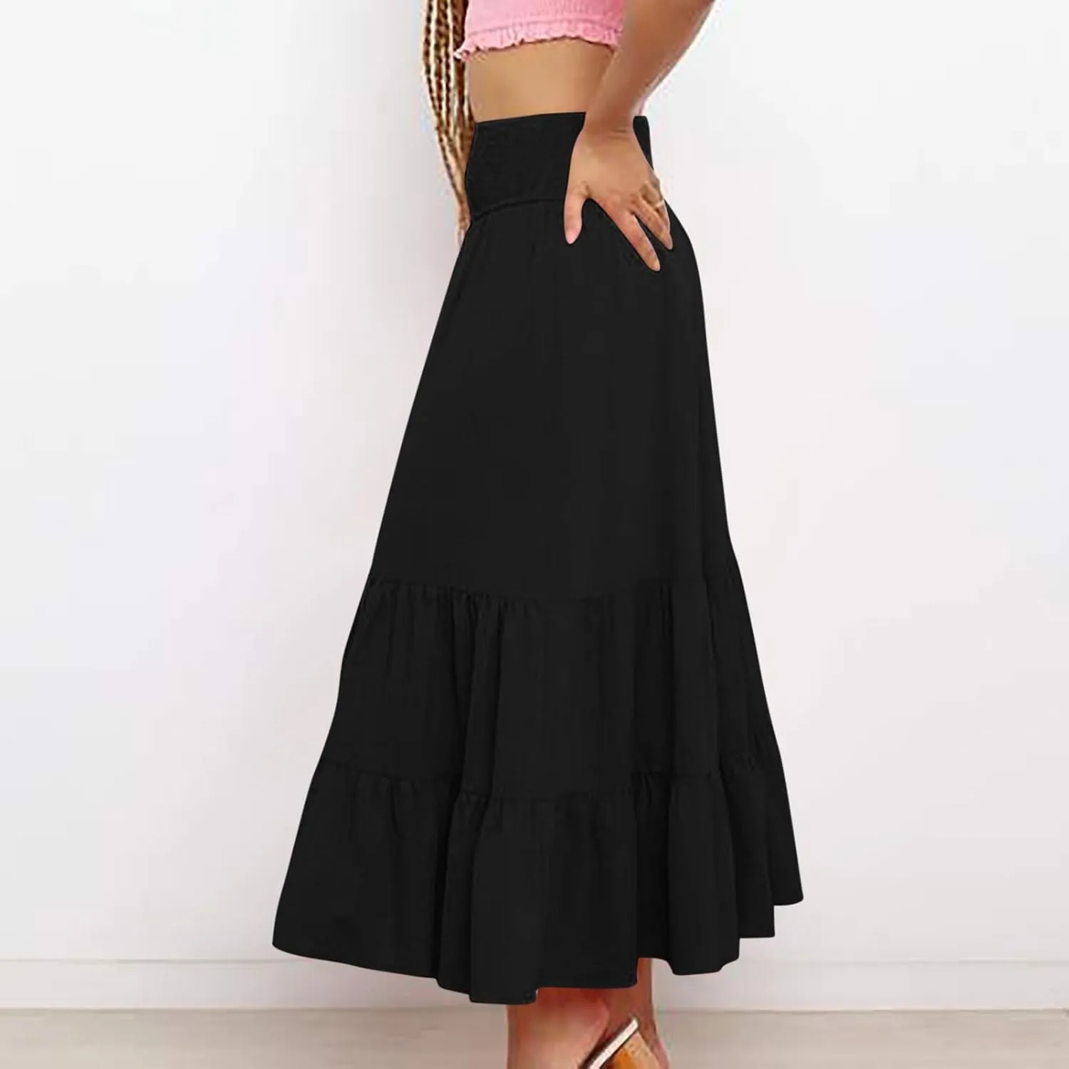 Womens Long Maxi Skirts 2025 Trendy Flowy Swing Tiered A-Line Skirt Summer Elastic High Waist Solid Boho Beach Outfit