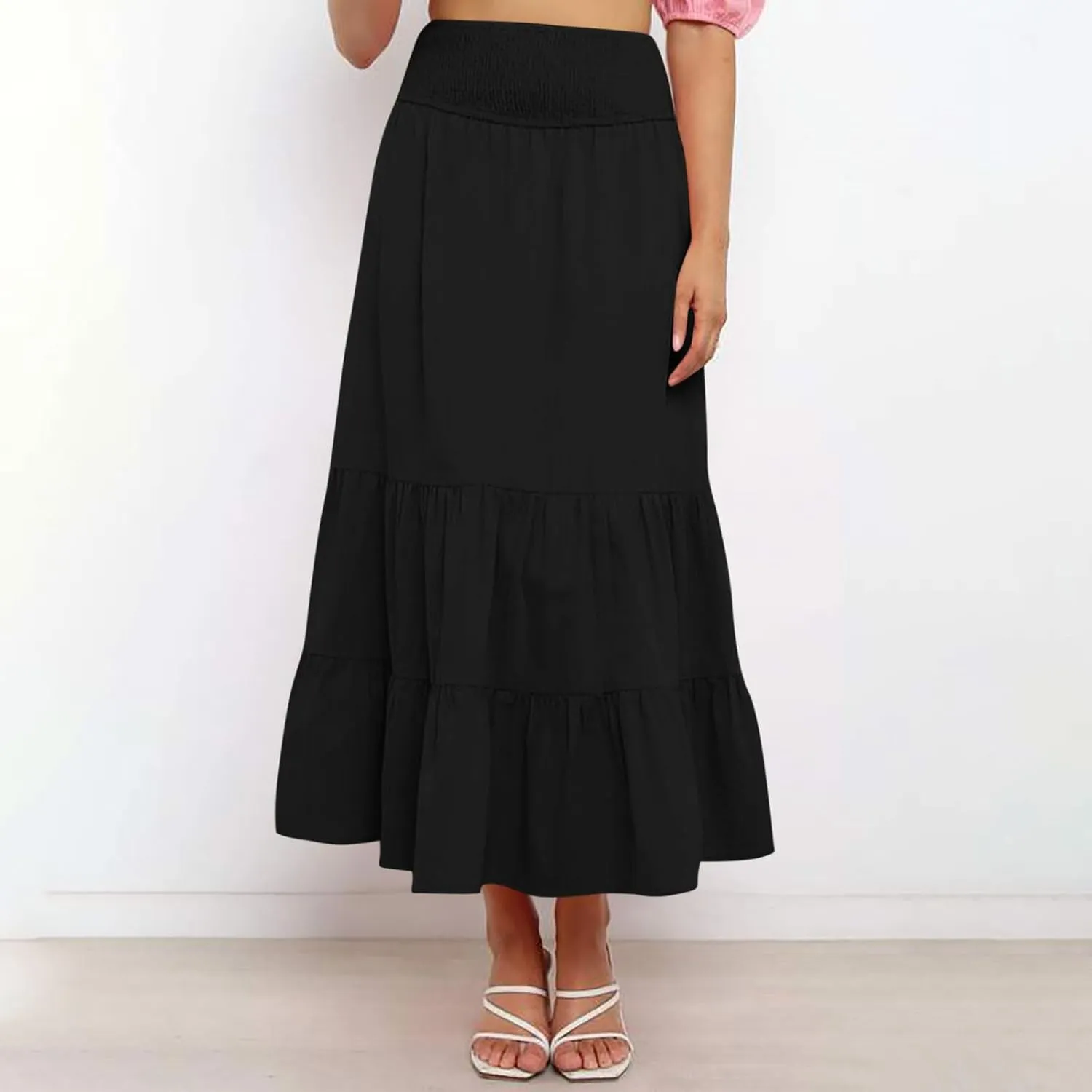 Womens Long Maxi Skirts 2025 Trendy Flowy Swing Tiered A-Line Skirt Summer Elastic High Waist Solid Boho Beach Outfit