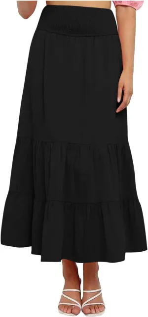 Womens Long Maxi Skirts 2025 Trendy Flowy Swing Tiered A-Line Skirt Summer Elastic High Waist Solid Boho Beach Outfit
