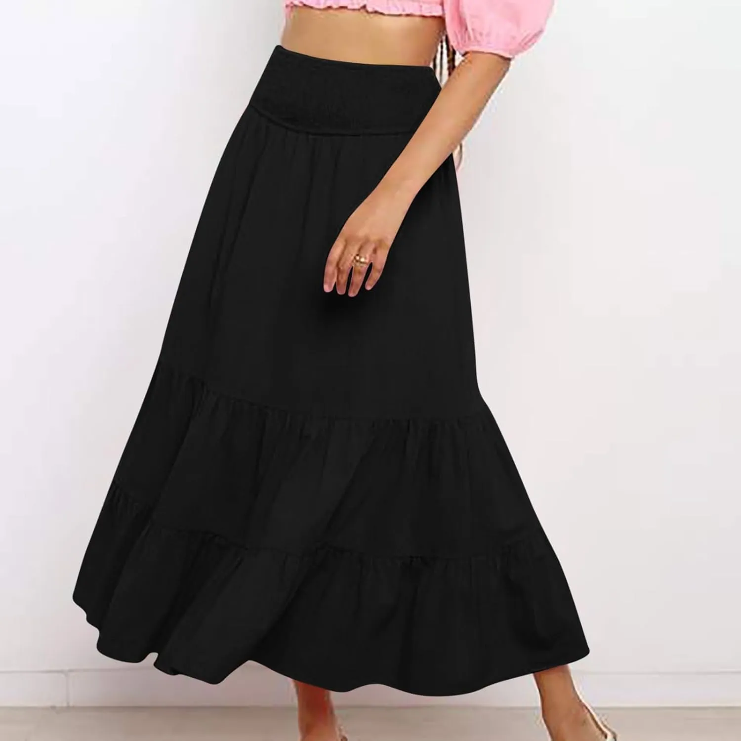 Womens Long Maxi Skirts 2025 Trendy Flowy Swing Tiered A-Line Skirt Summer Elastic High Waist Solid Boho Beach Outfit