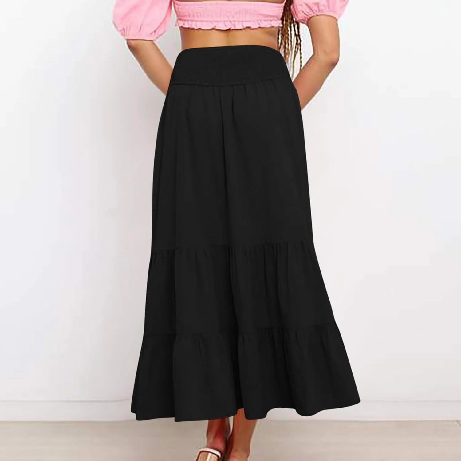 Womens Long Maxi Skirts 2025 Trendy Flowy Swing Tiered A-Line Skirt Summer Elastic High Waist Solid Boho Beach Outfit