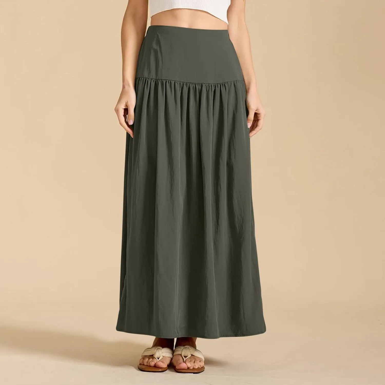 Women's Long Skirts Dressy Casual Maxi Skirt Summer Solid Color High Waist Pleated Wedding Guest Clothes with Pocket
