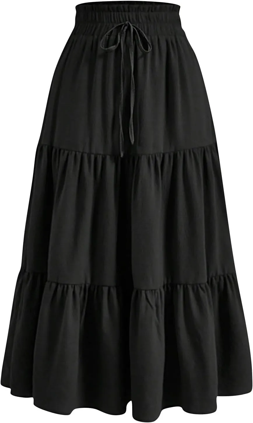 Womens Maxi Skirt 2025 Summer Comfy Tiered Elastic High Waisted Skirts Floral Boho Beach Vacation Long Skirts