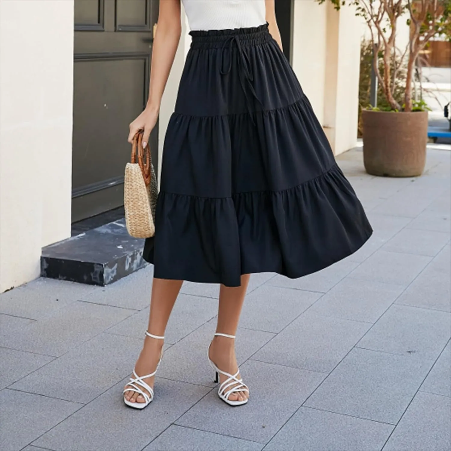 Womens Maxi Skirt 2025 Summer Comfy Tiered Elastic High Waisted Skirts Floral Boho Beach Vacation Long Skirts