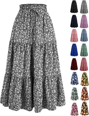 Womens Maxi Skirt 2025 Summer Comfy Tiered Elastic High Waisted Skirts Floral Boho Beach Vacation Long Skirts