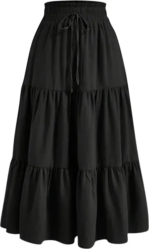 Womens Maxi Skirt 2025 Summer Comfy Tiered Elastic High Waisted Skirts Floral Boho Beach Vacation Long Skirts