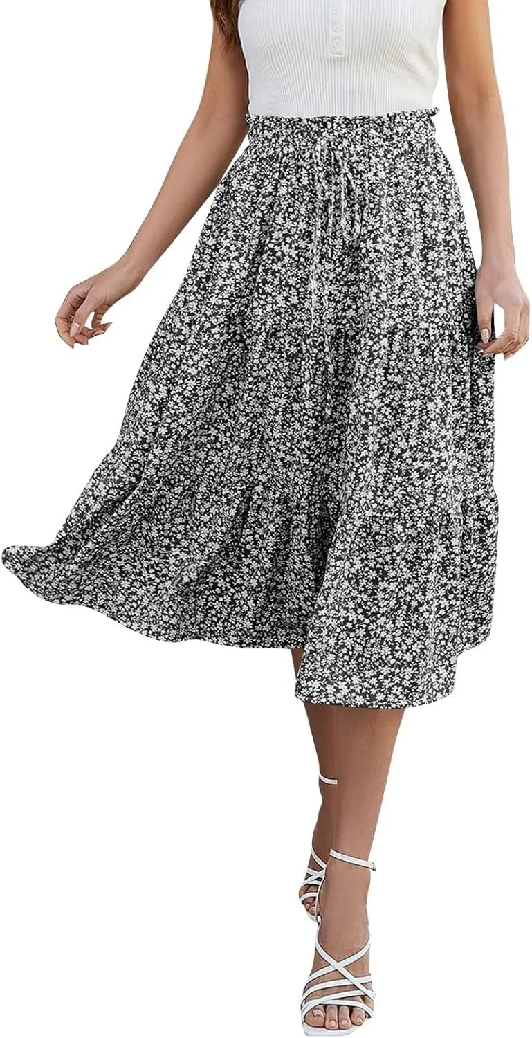 Womens Maxi Skirt 2025 Summer Comfy Tiered Elastic High Waisted Skirts Floral Boho Beach Vacation Long Skirts