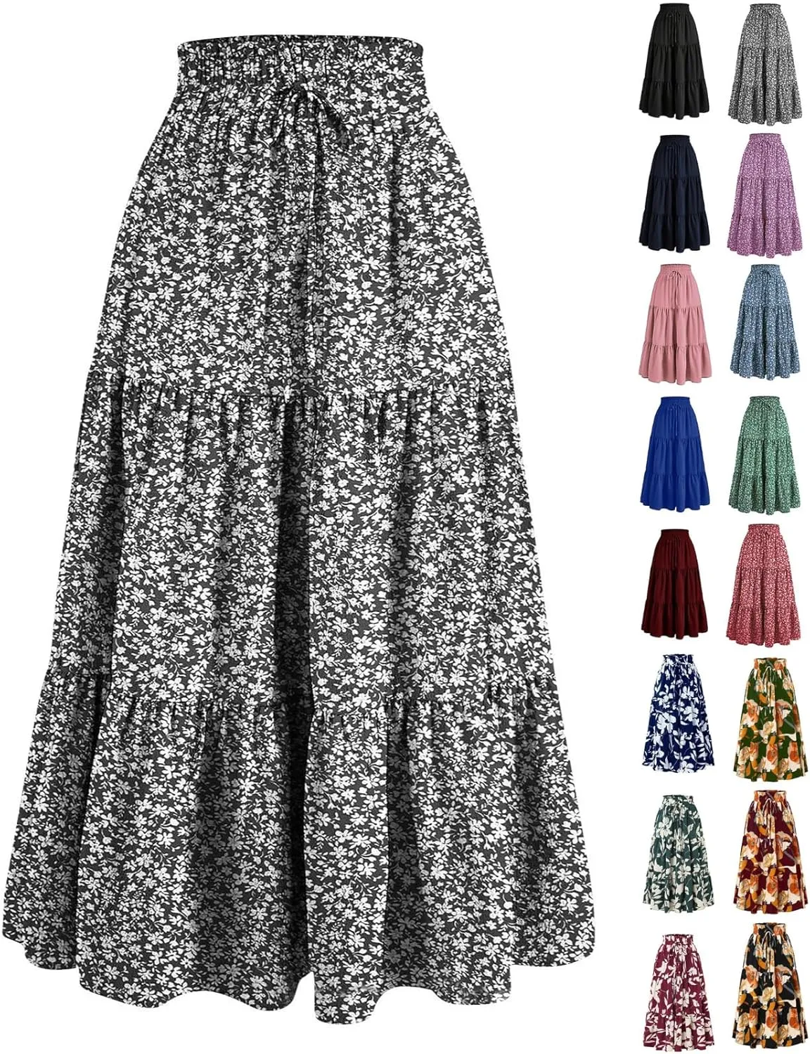 Womens Maxi Skirt 2025 Summer Comfy Tiered Elastic High Waisted Skirts Floral Boho Beach Vacation Long Skirts