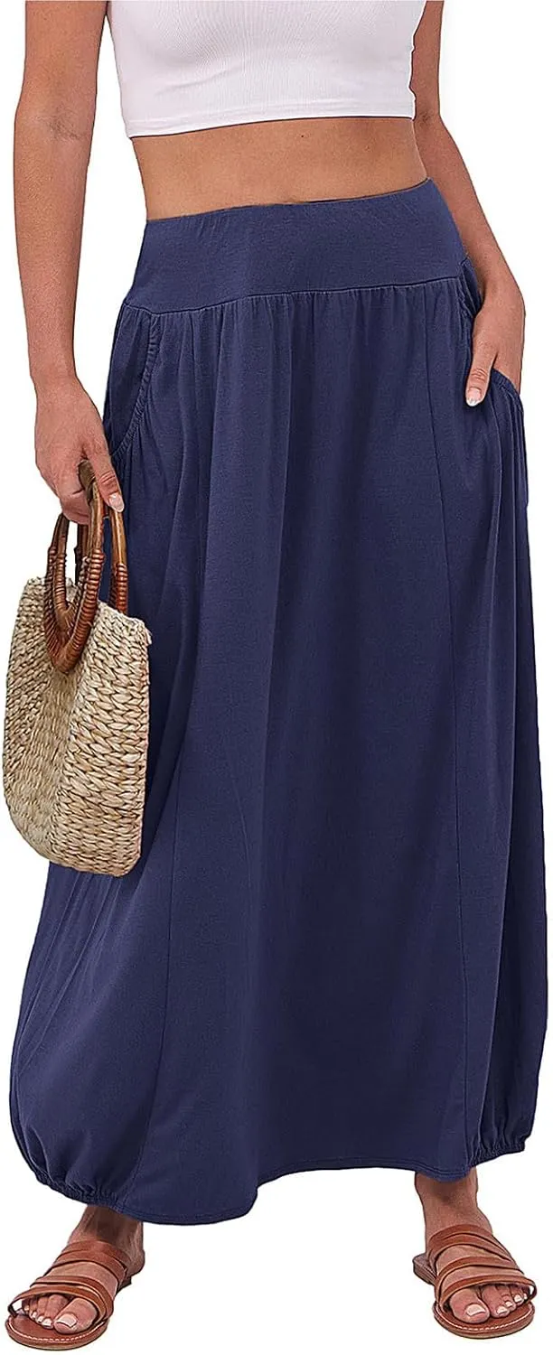 Women's Maxi Skirts 2025 Summer Elastic High Waist Ankle Length Skirt with Pockets Casual Trendy Flowy Beach Skirts