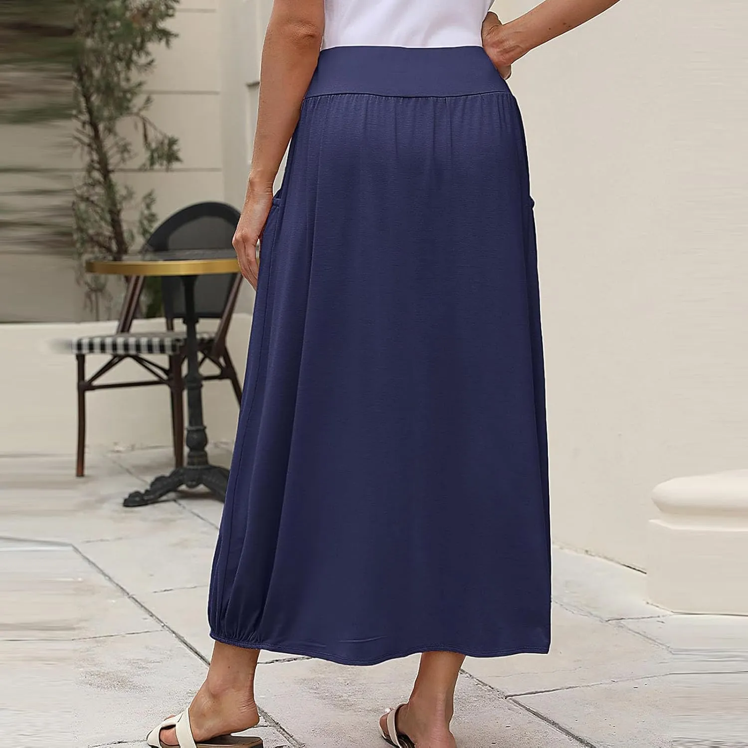 Women's Maxi Skirts 2025 Summer Elastic High Waist Ankle Length Skirt with Pockets Casual Trendy Flowy Beach Skirts