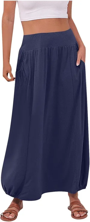 Women's Maxi Skirts 2025 Summer Elastic High Waist Ankle Length Skirt with Pockets Casual Trendy Flowy Beach Skirts