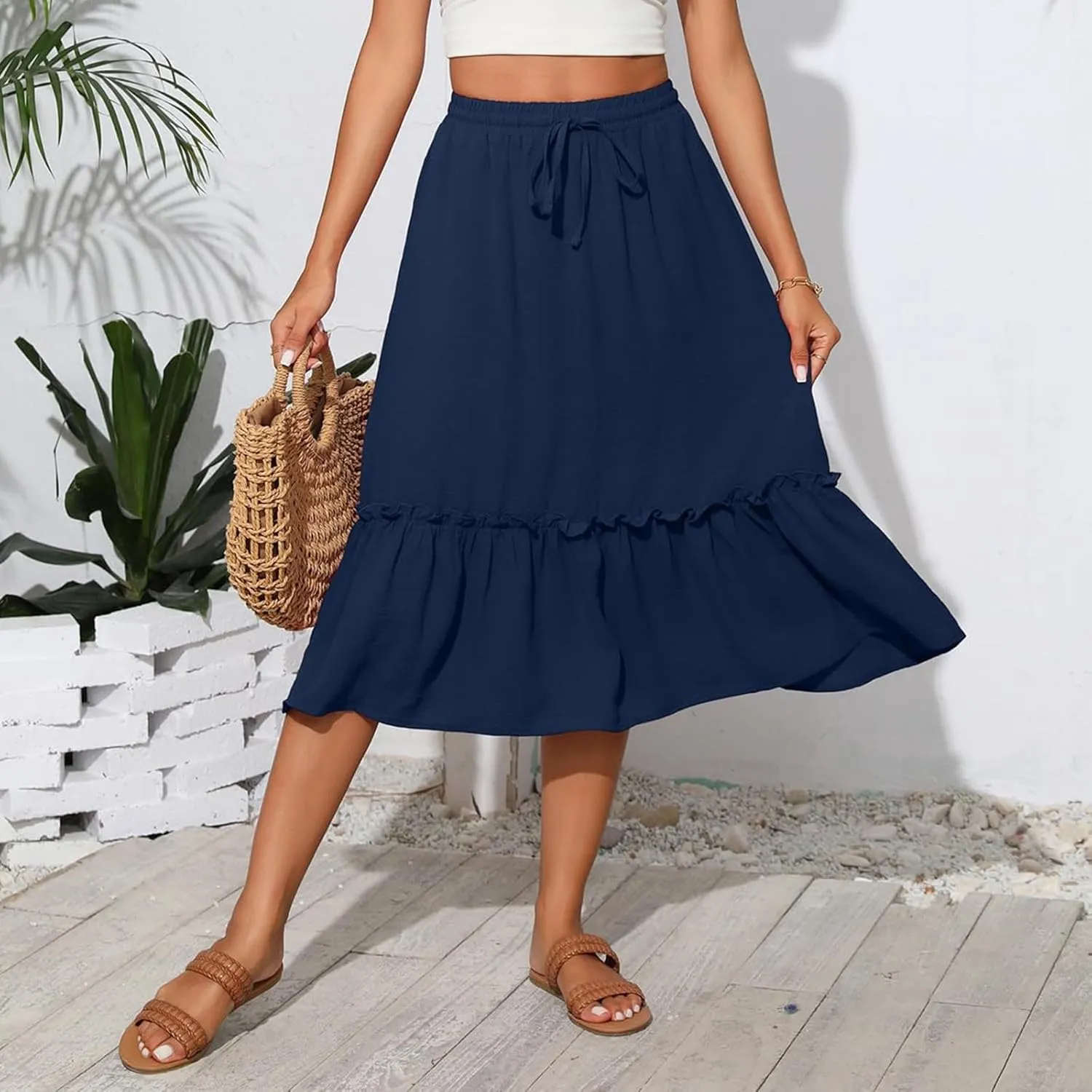 Womens Midi Skirts Casual Tie Front Flowy Ruffle A Line Skirts with Pockets Plaid High Waisted Cover Up Skirts