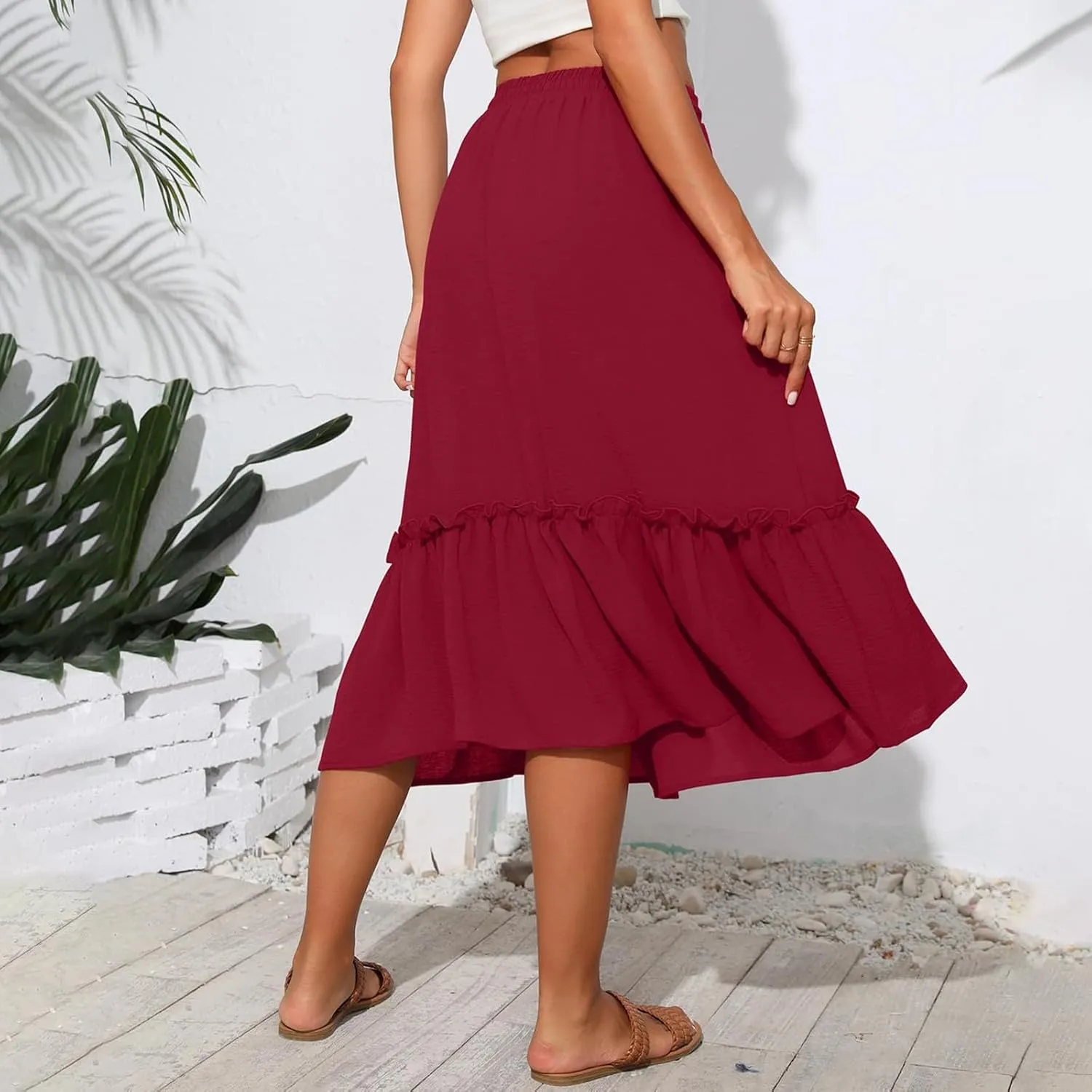 Womens Midi Skirts Casual Tie Front Flowy Ruffle A Line Skirts with Pockets Plaid High Waisted Cover Up Skirts