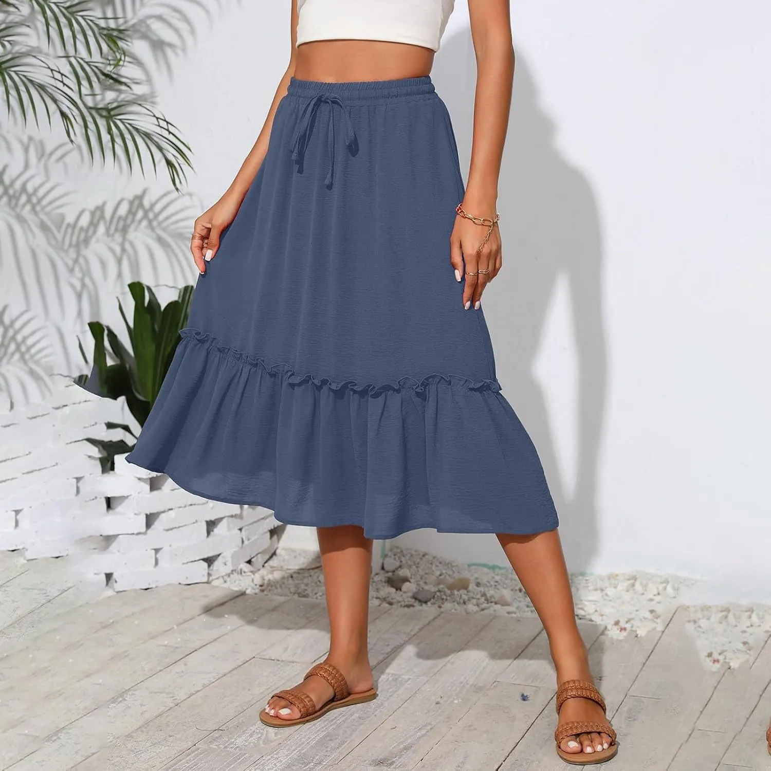 Womens Midi Skirts Casual Tie Front Flowy Ruffle A Line Skirts with Pockets Plaid High Waisted Cover Up Skirts