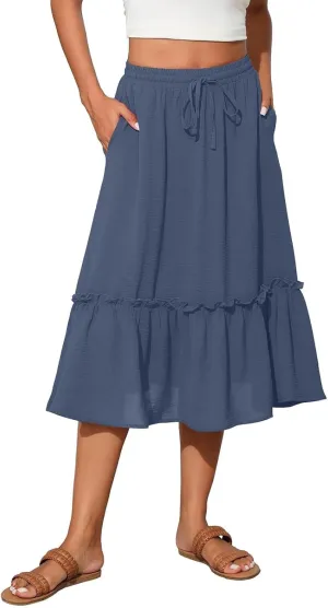 Womens Midi Skirts Casual Tie Front Flowy Ruffle A Line Skirts with Pockets Plaid High Waisted Cover Up Skirts
