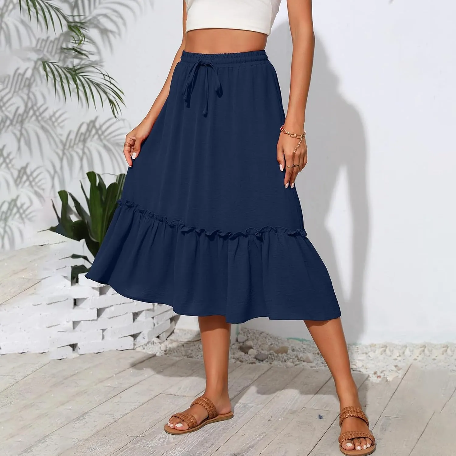 Womens Midi Skirts Casual Tie Front Flowy Ruffle A Line Skirts with Pockets Plaid High Waisted Cover Up Skirts