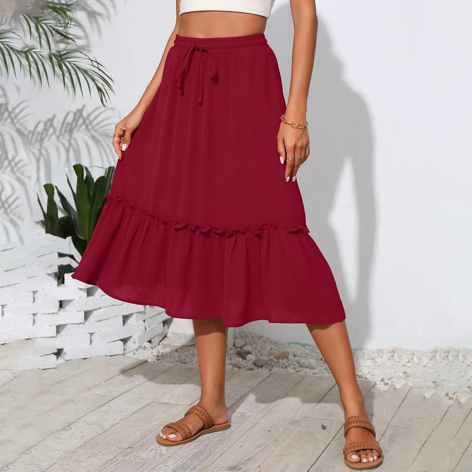 Womens Midi Skirts Casual Tie Front Flowy Ruffle A Line Skirts with Pockets Plaid High Waisted Cover Up Skirts