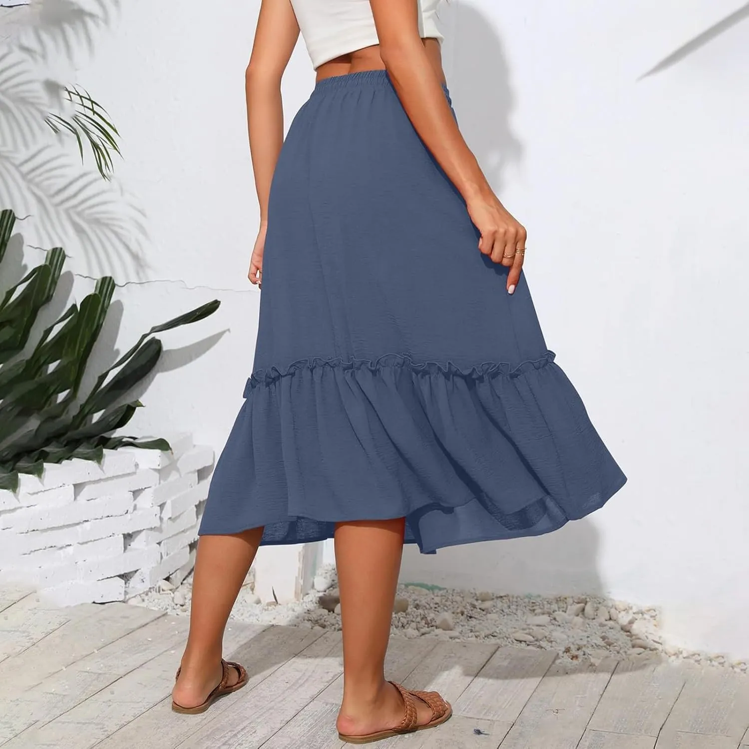 Womens Midi Skirts Casual Tie Front Flowy Ruffle A Line Skirts with Pockets Plaid High Waisted Cover Up Skirts