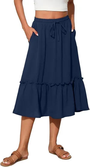 Womens Midi Skirts Casual Tie Front Flowy Ruffle A Line Skirts with Pockets Plaid High Waisted Cover Up Skirts