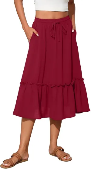 Womens Midi Skirts Casual Tie Front Flowy Ruffle A Line Skirts with Pockets Plaid High Waisted Cover Up Skirts