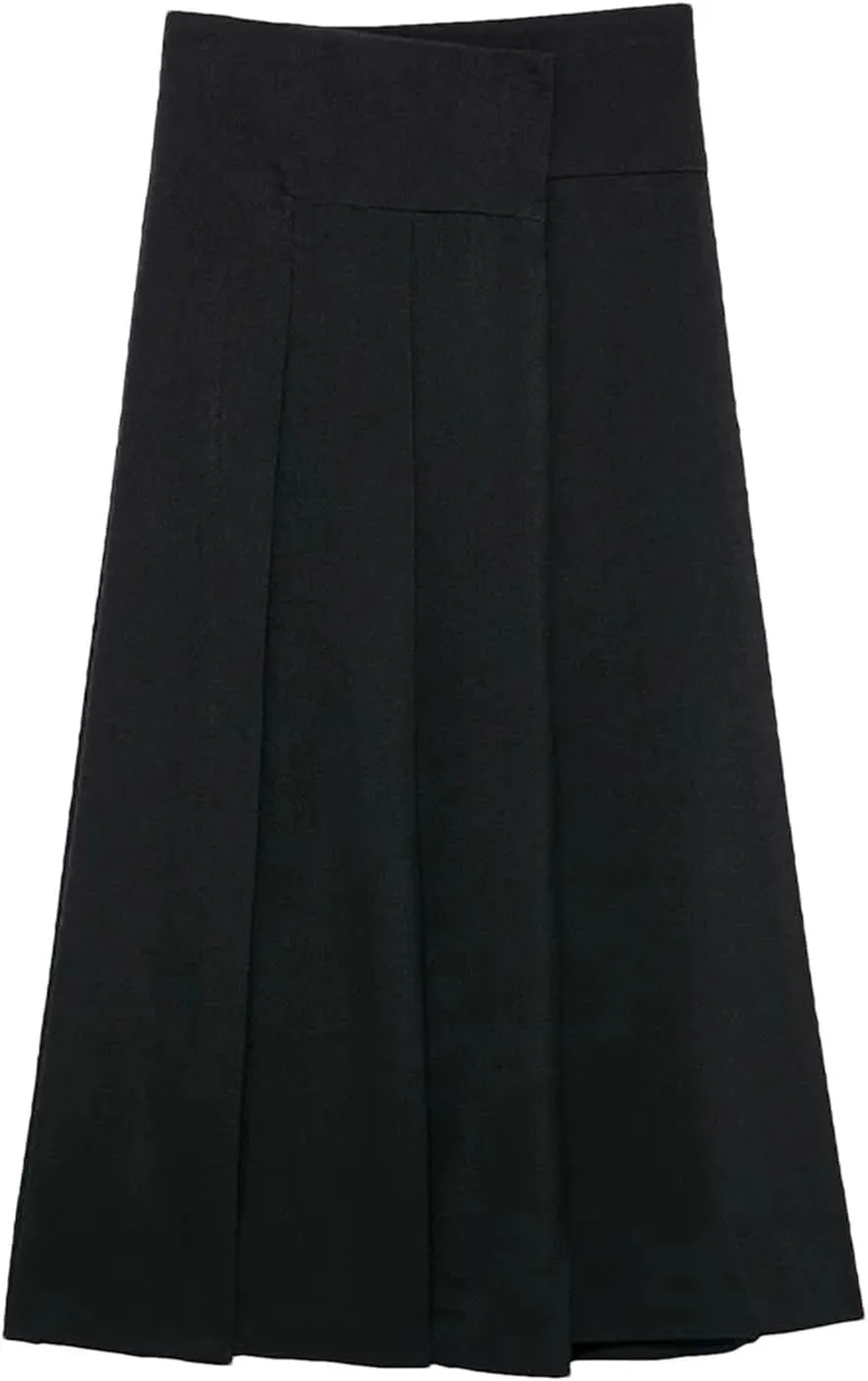 Women's Midi Skirts Classic Office Solid Pleated Front Button Mid Waist A-Line Skirt