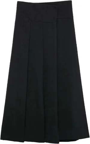 Women's Midi Skirts Classic Office Solid Pleated Front Button Mid Waist A-Line Skirt