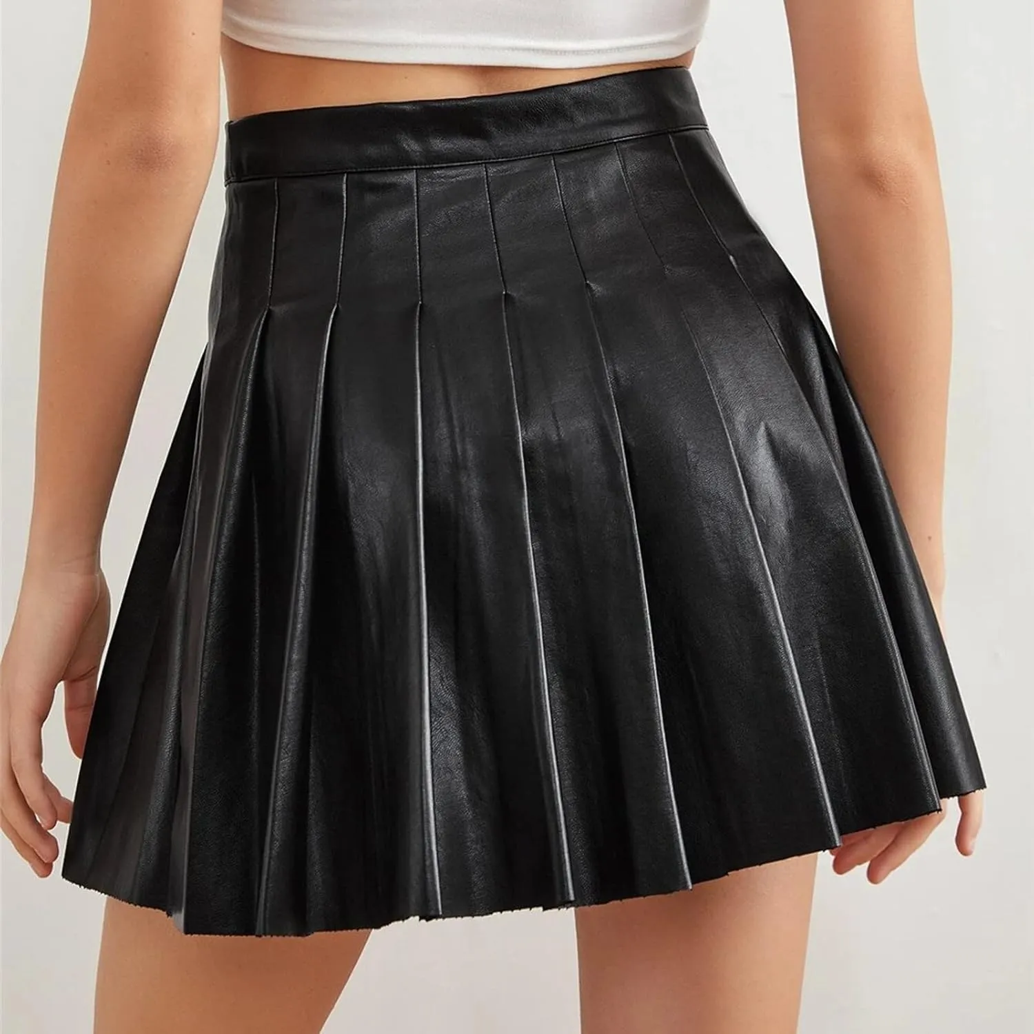 Womens Mini Skirts Faux Leather Solid Pleated Women's High Waist Short Elegant Skirt Casual Flowy PU Skirt