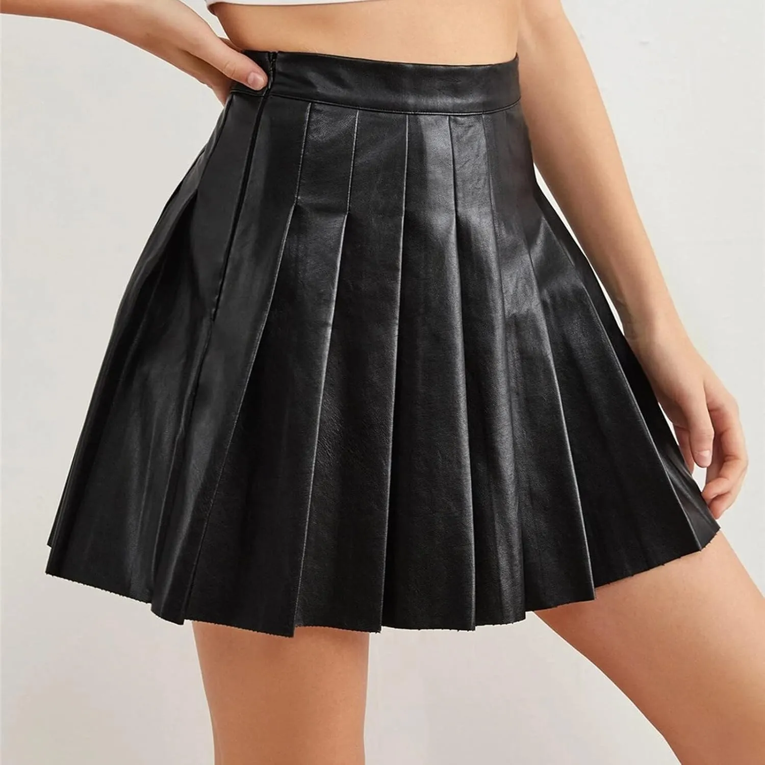 Womens Mini Skirts Faux Leather Solid Pleated Women's High Waist Short Elegant Skirt Casual Flowy PU Skirt